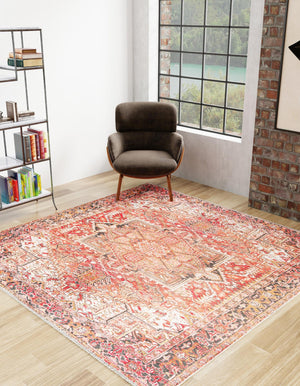 Rust Red 5' 1 x 5' 1 Boutique Square Area Rug Chenille Polyester Cotton Traditional Oriental Inspired Classical Carpet for Living Rooms Dining Office Space Interior Design for Sale at Rug Engine
