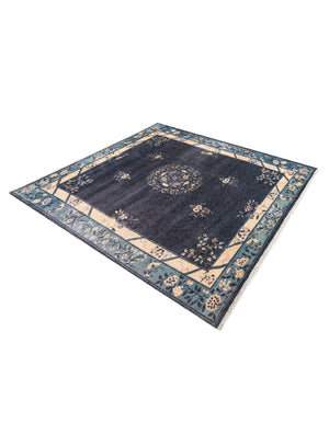 Navy Blue 5' 1 x 5' 1 Boutique Square Area Rug Chenille Polyester Cotton Traditional Oriental Inspired Classical Carpet for Living Rooms Dining Office Space Interior Design for Sale at Rug Engine