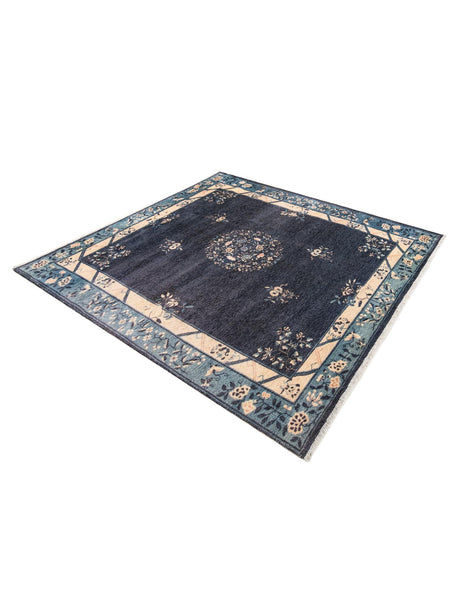 Navy Blue 5' 1 x 5' 1 Boutique Square Area Rug Chenille Polyester Cotton Traditional Oriental Inspired Classical Carpet for Living Rooms Dining Office Space Interior Design for Sale at Rug Engine