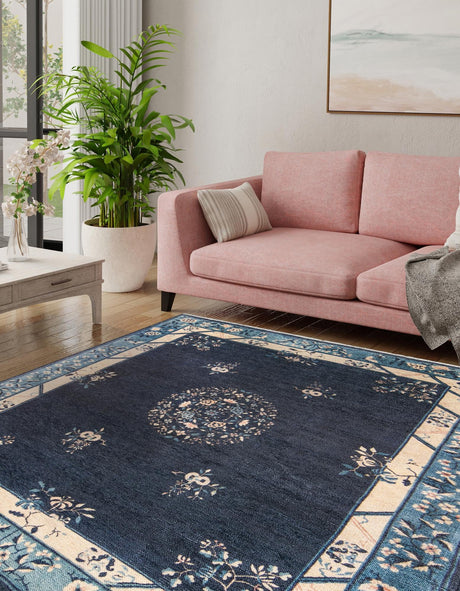 Navy Blue 7' 9 x 7' 9 Boutique Square Area Rug Chenille Polyester Cotton Traditional Oriental Inspired Classical Carpet for Living Rooms Dining Office Space Interior Design for Sale at Rug Engine