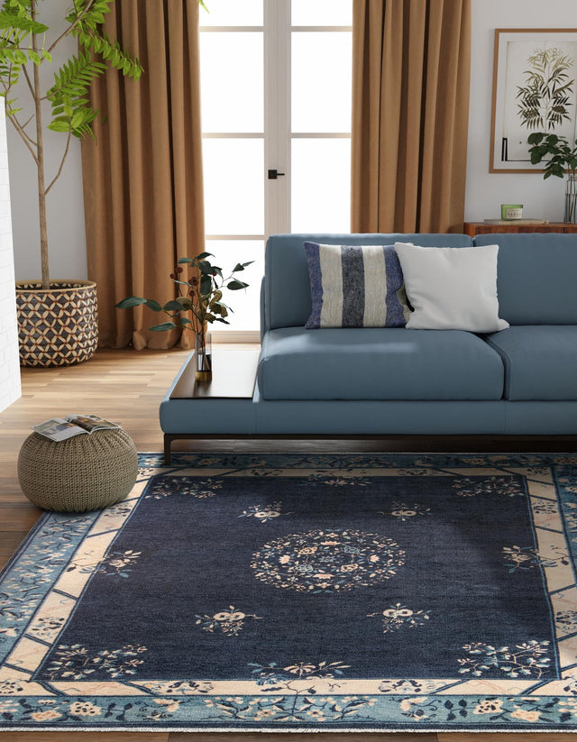 Navy Blue 7' 9 x 7' 9 Boutique Square Area Rug Chenille Polyester Cotton Traditional Oriental Inspired Classical Carpet for Living Rooms Dining Office Space Interior Design for Sale at Rug Engine
