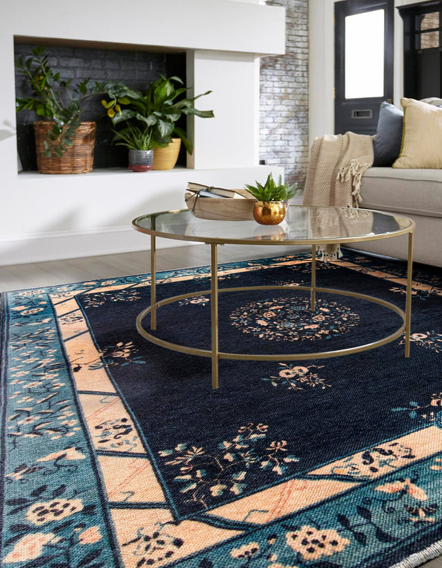Navy Blue 7' 9 x 7' 9 Boutique Square Area Rug Chenille Polyester Cotton Traditional Oriental Inspired Classical Carpet for Living Rooms Dining Office Space Interior Design for Sale at Rug Engine