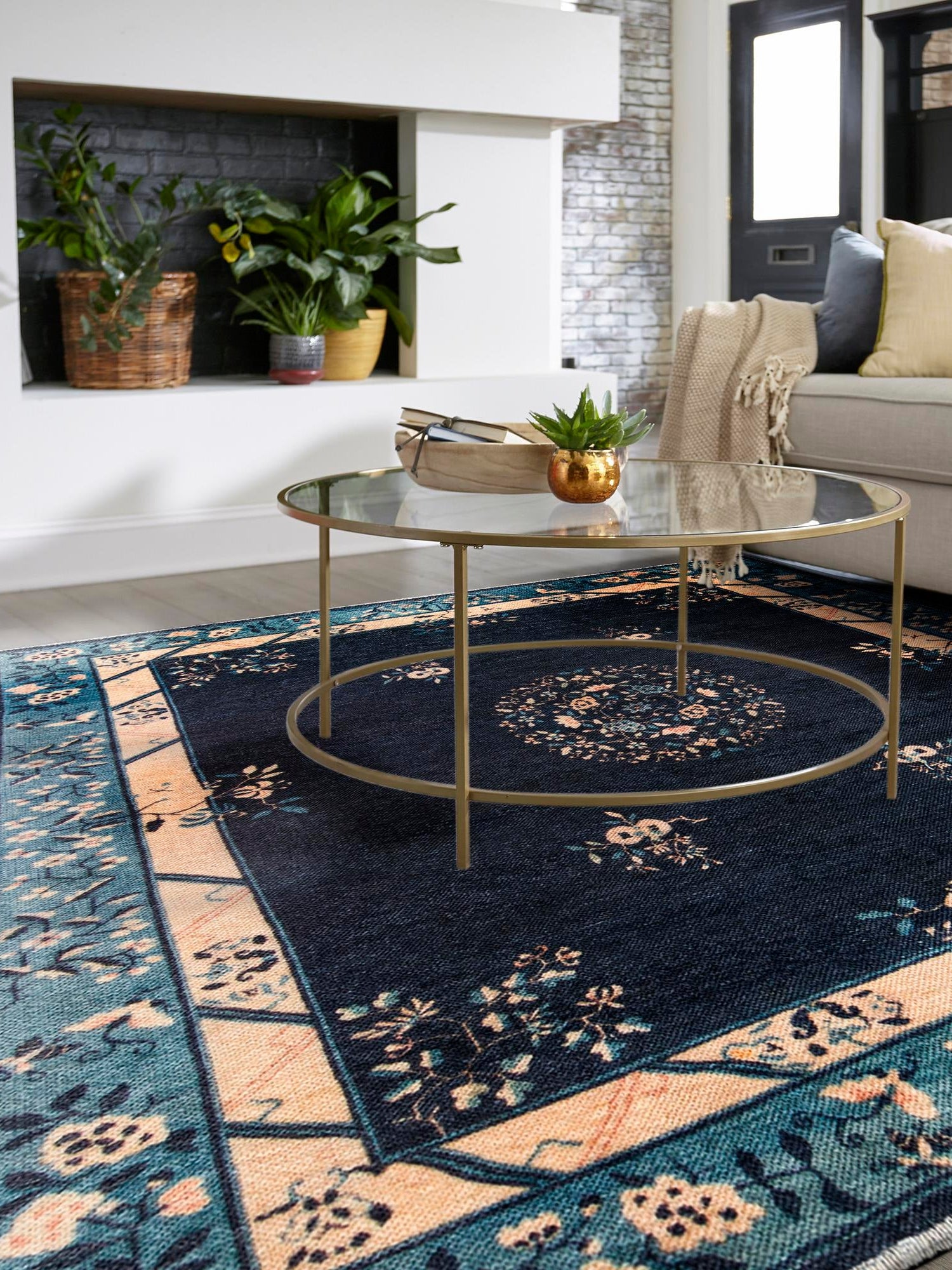 Navy Blue 5' 1 x 5' 1 Boutique Square Area Rug Chenille Polyester Cotton Traditional Oriental Inspired Classical Carpet for Living Rooms Dining Office Space Interior Design for Sale at Rug Engine