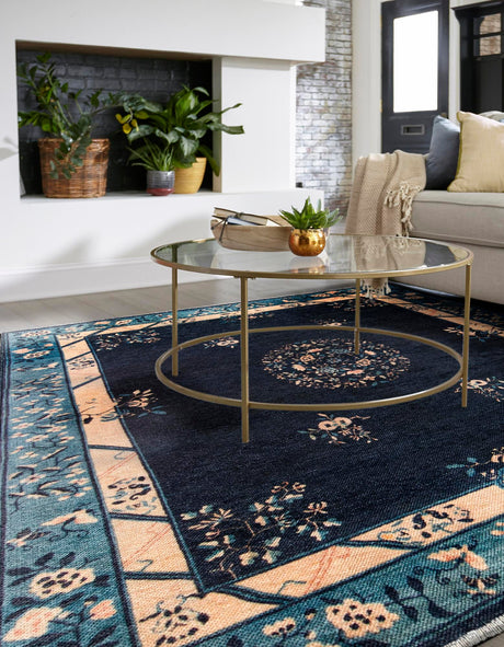 Navy Blue 5' 1 x 5' 1 Boutique Square Area Rug Chenille Polyester Cotton Traditional Oriental Inspired Classical Carpet for Living Rooms Dining Office Space Interior Design for Sale at Rug Engine