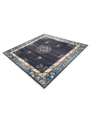 Navy Blue 5' 1 x 5' 1 Boutique Square Area Rug Chenille Polyester Cotton Traditional Oriental Inspired Classical Carpet for Living Rooms Dining Office Space Interior Design for Sale at Rug Engine