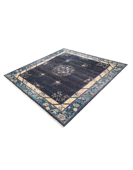 Navy Blue 5' 1 x 5' 1 Boutique Square Area Rug Chenille Polyester Cotton Traditional Oriental Inspired Classical Carpet for Living Rooms Dining Office Space Interior Design for Sale at Rug Engine