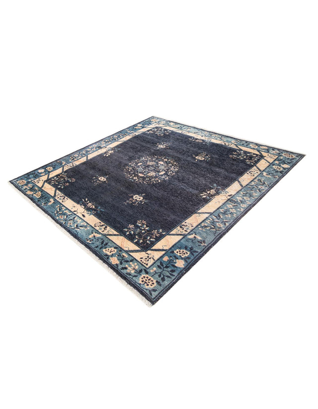 Navy Blue 5' 1 x 5' 1 Boutique Square Area Rug Chenille Polyester Cotton Traditional Oriental Inspired Classical Carpet for Living Rooms Dining Office Space Interior Design for Sale at Rug Engine