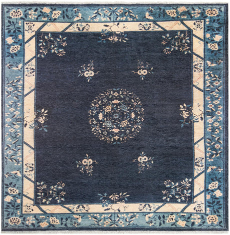 Navy Blue 5' 1 x 5' 1 Boutique Square Area Rug Chenille Polyester Cotton Traditional Oriental Inspired Classical Carpet for Living Rooms Dining Office Space Interior Design for Sale at Rug Engine