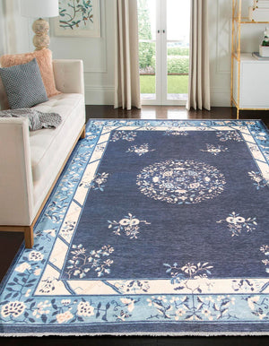 Navy Blue 9' x 11' 10 Boutique Rectangle Area Rug Chenille Polyester Cotton Traditional Oriental Inspired Classical Carpet for Living Rooms Dining Office Space Interior Design for Sale at Rug Engine