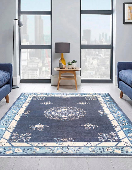 Navy Blue 2' x 3' 1 Boutique Rectangle Area Rug Chenille Polyester Cotton Traditional Oriental Inspired Classical Carpet for Living Rooms Dining Office Space Interior Design for Sale at Rug Engine