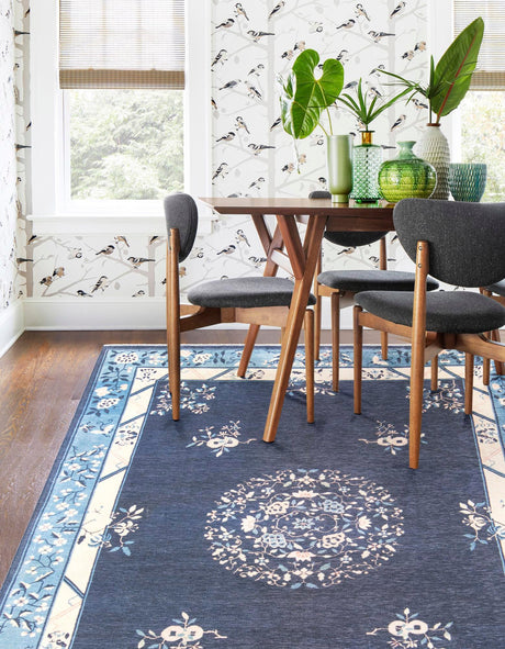 Navy Blue 7' 10 x 10' Boutique Rectangle Area Rug Chenille Polyester Cotton Traditional Oriental Inspired Classical Carpet for Living Rooms Dining Office Space Interior Design for Sale at Rug Engine