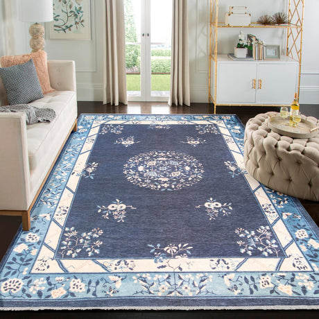 Navy Blue 6' 1 x 9' Boutique Rectangle Area Rug Chenille Polyester Cotton Traditional Oriental Inspired Classical Carpet for Living Rooms Dining Office Space Interior Design for Sale at Rug Engine