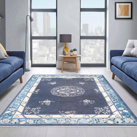 Navy Blue 9' x 11' 10 Boutique Rectangle Area Rug Chenille Polyester Cotton Traditional Oriental Inspired Classical Carpet for Living Rooms Dining Office Space Interior Design for Sale at Rug Engine