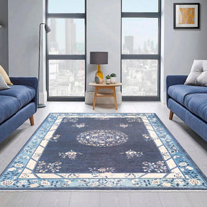 Navy Blue 6' 1 x 9' Boutique Rectangle Area Rug Chenille Polyester Cotton Traditional Oriental Inspired Classical Carpet for Living Rooms Dining Office Space Interior Design for Sale at Rug Engine