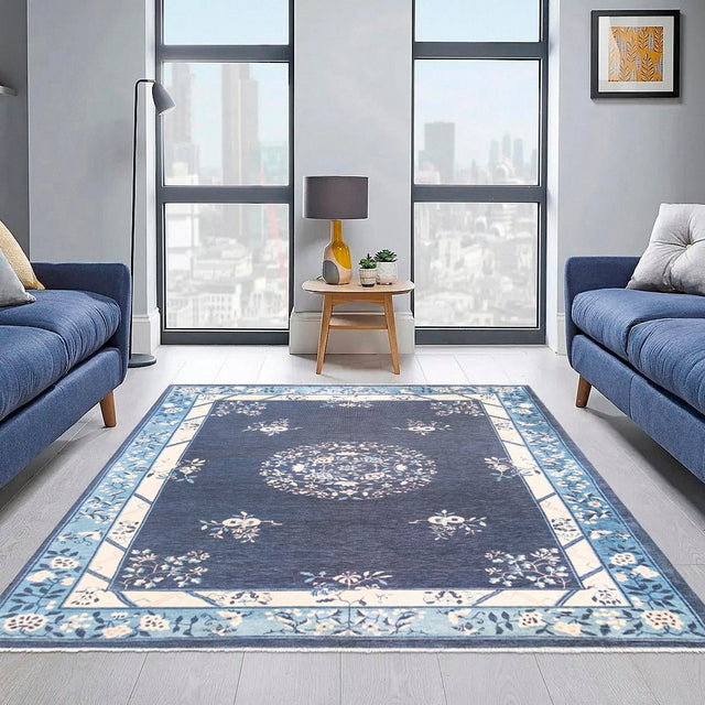 Navy Blue 6' 1 x 9' Boutique Rectangle Area Rug Chenille Polyester Cotton Traditional Oriental Inspired Classical Carpet for Living Rooms Dining Office Space Interior Design for Sale at Rug Engine