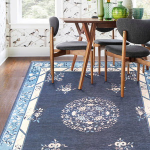 Navy Blue 9' x 11' 10 Boutique Rectangle Area Rug Chenille Polyester Cotton Traditional Oriental Inspired Classical Carpet for Living Rooms Dining Office Space Interior Design for Sale at Rug Engine