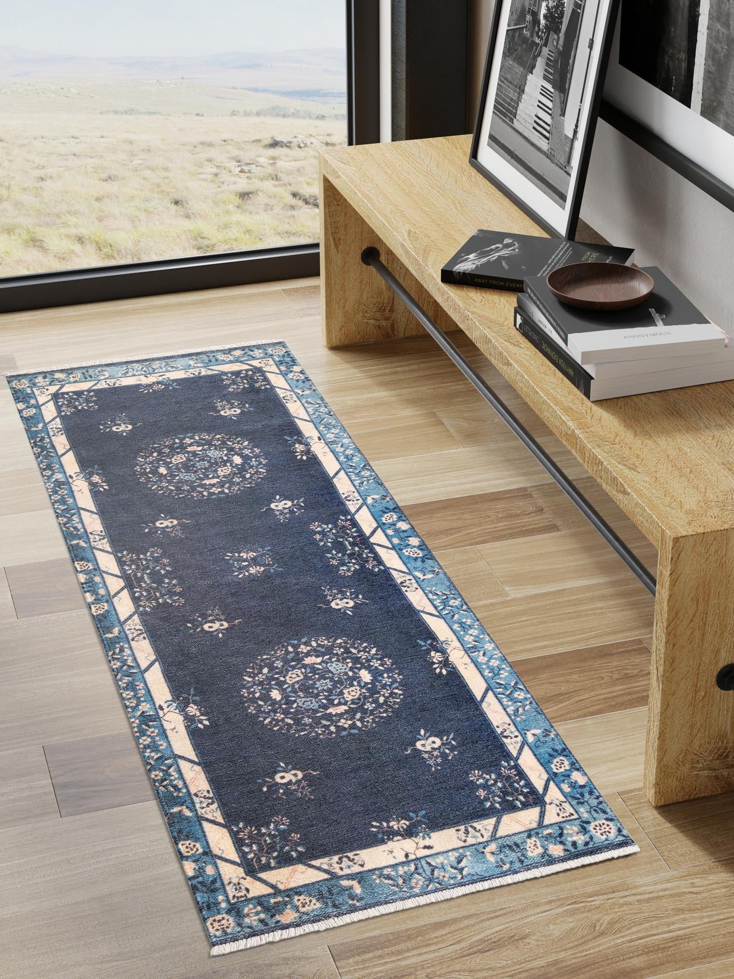 Navy Blue 3' 3 x 11' 10 Boutique Runner Area Rug Chenille Polyester Cotton Traditional Oriental Inspired Classical Carpet for Living Rooms Dining Office Space Interior Design for Sale at Rug Engine