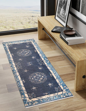 Navy Blue 2' x 6' 1 Boutique Runner Area Rug Chenille Polyester Cotton Traditional Oriental Inspired Classical Carpet for Living Rooms Dining Office Space Interior Design for Sale at Rug Engine