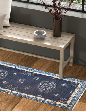 Navy Blue 3' 3 x 11' 10 Boutique Runner Area Rug Chenille Polyester Cotton Traditional Oriental Inspired Classical Carpet for Living Rooms Dining Office Space Interior Design for Sale at Rug Engine