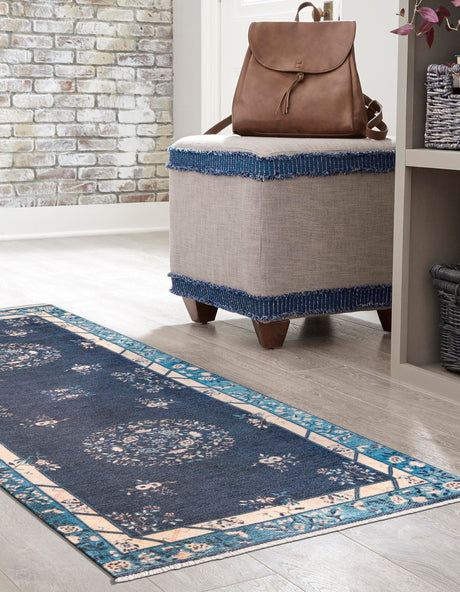 Navy Blue 2' x 8' Boutique Runner Area Rug Chenille Polyester Cotton Traditional Oriental Inspired Classical Carpet for Living Rooms Dining Office Space Interior Design for Sale at Rug Engine