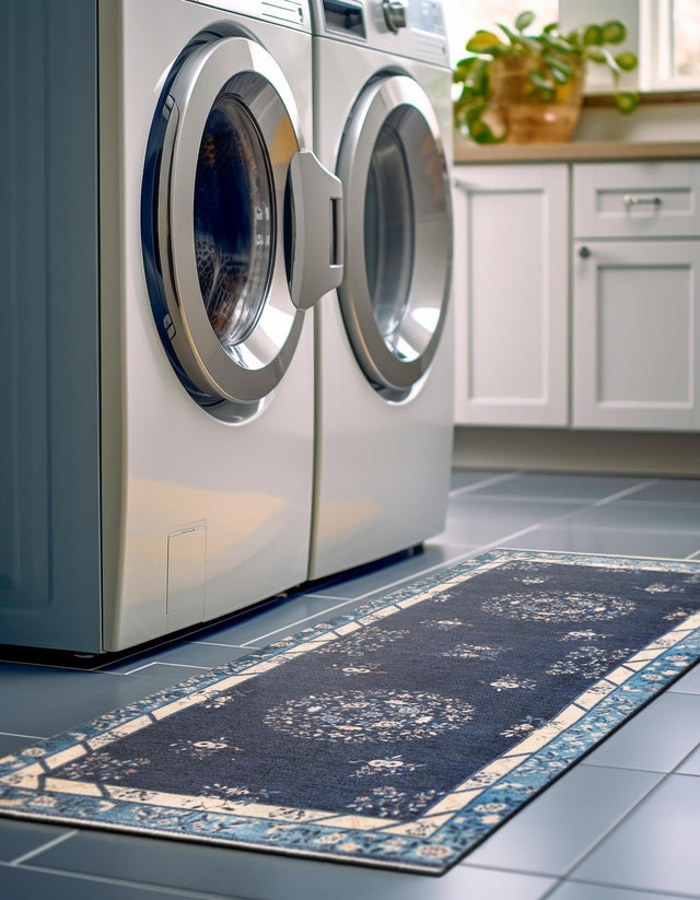 Navy Blue 3' 3 x 11' 10 Boutique Runner Area Rug Chenille Polyester Cotton Traditional Oriental Inspired Classical Carpet for Living Rooms Dining Office Space Interior Design for Sale at Rug Engine