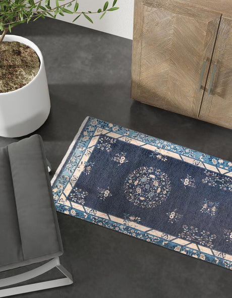 Navy Blue 2' x 8' Boutique Runner Area Rug Chenille Polyester Cotton Traditional Oriental Inspired Classical Carpet for Living Rooms Dining Office Space Interior Design for Sale at Rug Engine