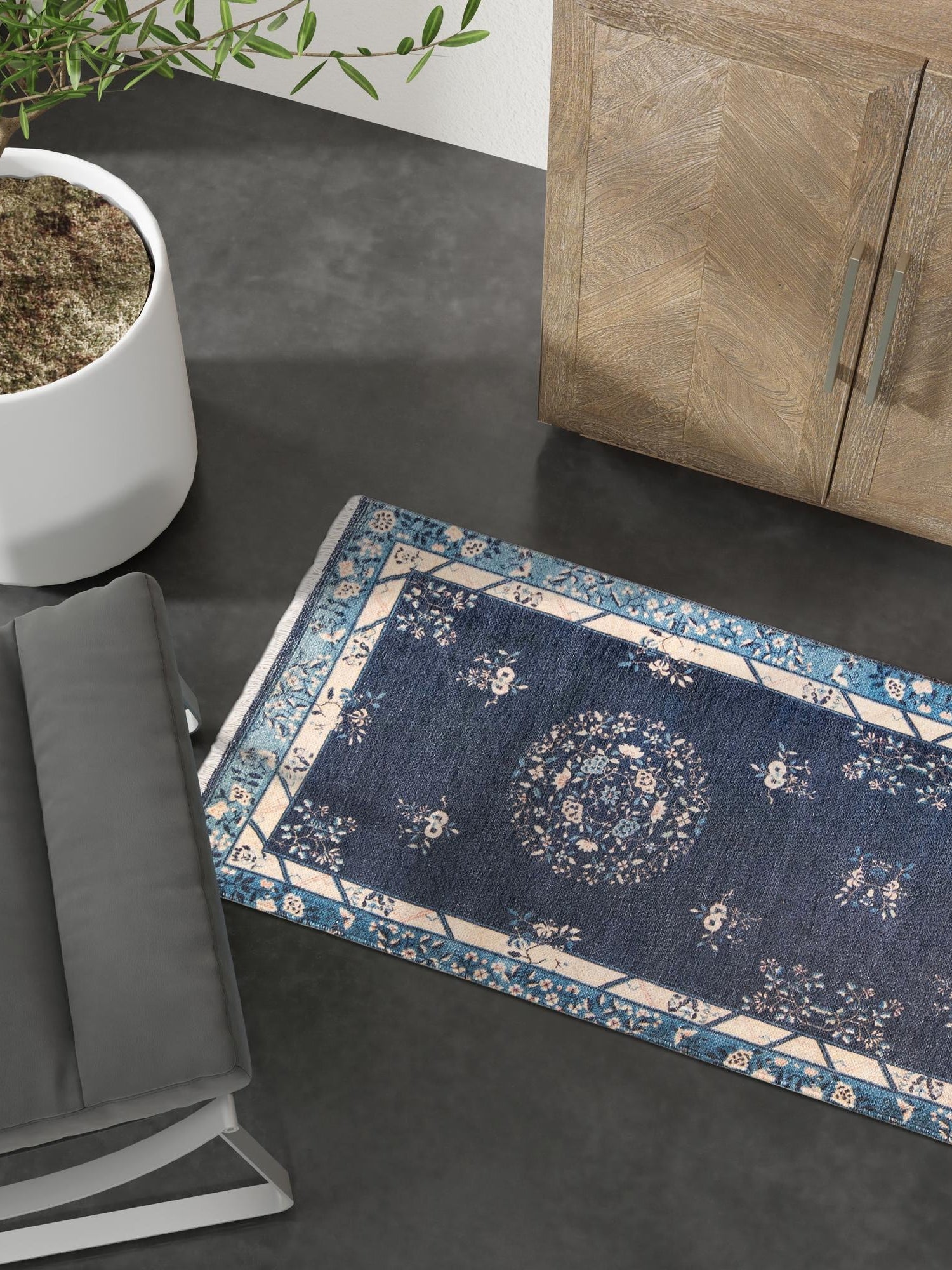 Navy Blue 2' x 5' 1 Boutique Runner Area Rug Chenille Polyester Cotton Traditional Oriental Inspired Classical Carpet for Living Rooms Dining Office Space Interior Design for Sale at Rug Engine