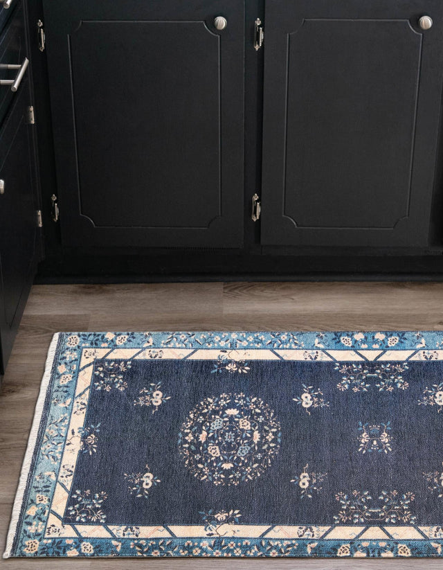 Navy Blue 2' x 8' Boutique Runner Area Rug Chenille Polyester Cotton Traditional Oriental Inspired Classical Carpet for Living Rooms Dining Office Space Interior Design for Sale at Rug Engine