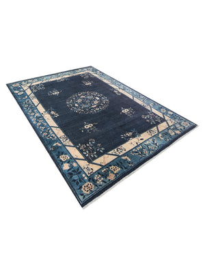 Navy Blue 6' 1 x 9' Boutique Rectangle Area Rug Chenille Polyester Cotton Traditional Oriental Inspired Classical Carpet for Living Rooms Dining Office Space Interior Design for Sale at Rug Engine