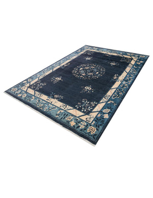 Navy Blue 6' 1 x 9' Boutique Rectangle Area Rug Chenille Polyester Cotton Traditional Oriental Inspired Classical Carpet for Living Rooms Dining Office Space Interior Design for Sale at Rug Engine