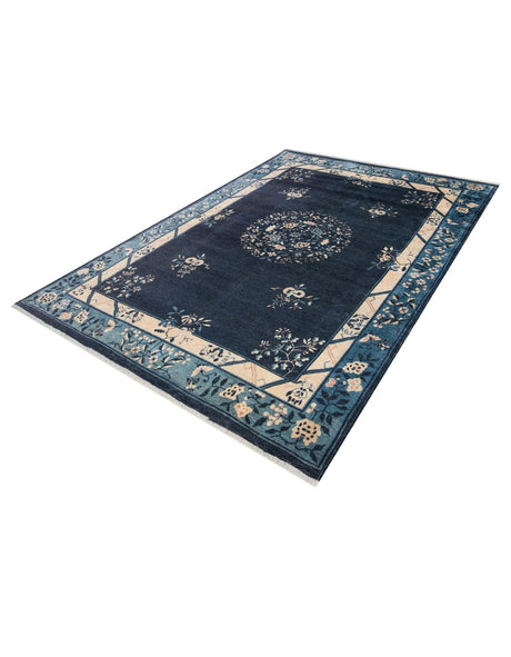 Navy Blue 6' 1 x 9' Boutique Rectangle Area Rug Chenille Polyester Cotton Traditional Oriental Inspired Classical Carpet for Living Rooms Dining Office Space Interior Design for Sale at Rug Engine
