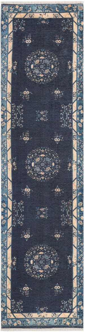 Navy Blue 2' x 8' Boutique Runner Area Rug Chenille Polyester Cotton Traditional Oriental Inspired Classical Carpet for Living Rooms Dining Office Space Interior Design for Sale at Rug Engine
