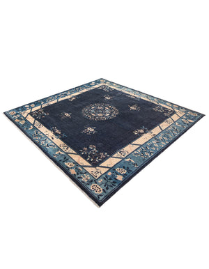 Navy Blue 7' 9 x 7' 9 Boutique Square Area Rug Chenille Polyester Cotton Traditional Oriental Inspired Classical Carpet for Living Rooms Dining Office Space Interior Design for Sale at Rug Engine