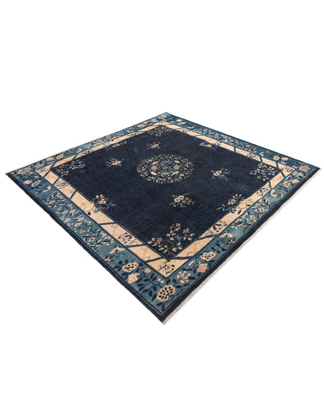 Navy Blue 7' 9 x 7' 9 Boutique Square Area Rug Chenille Polyester Cotton Traditional Oriental Inspired Classical Carpet for Living Rooms Dining Office Space Interior Design for Sale at Rug Engine