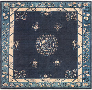 Navy Blue 7' 9 x 7' 9 Boutique Square Area Rug Chenille Polyester Cotton Traditional Oriental Inspired Classical Carpet for Living Rooms Dining Office Space Interior Design for Sale at Rug Engine