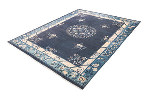 Navy Blue 7' 10 x 10' Boutique Rectangle Area Rug Chenille Polyester Cotton Traditional Oriental Inspired Classical Carpet for Living Rooms Dining Office Space Interior Design for Sale at Rug Engine