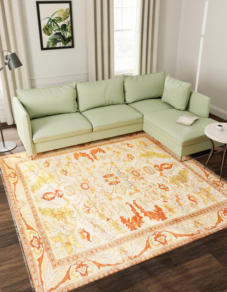 Beige 7' 9 x 7' 9 Boutique Square Area Rug Chenille Polyester Cotton Traditional Oriental Inspired Classical Carpet for Living Rooms Dining Office Space Interior Design for Sale at Rug Engine