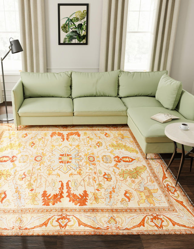 Beige 7' 9 x 7' 9 Boutique Square Area Rug Chenille Polyester Cotton Traditional Oriental Inspired Classical Carpet for Living Rooms Dining Office Space Interior Design for Sale at Rug Engine