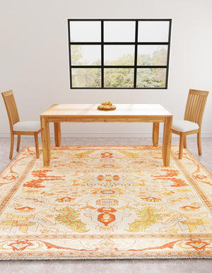 Beige 7' 9 x 7' 9 Boutique Square Area Rug Chenille Polyester Cotton Traditional Oriental Inspired Classical Carpet for Living Rooms Dining Office Space Interior Design for Sale at Rug Engine