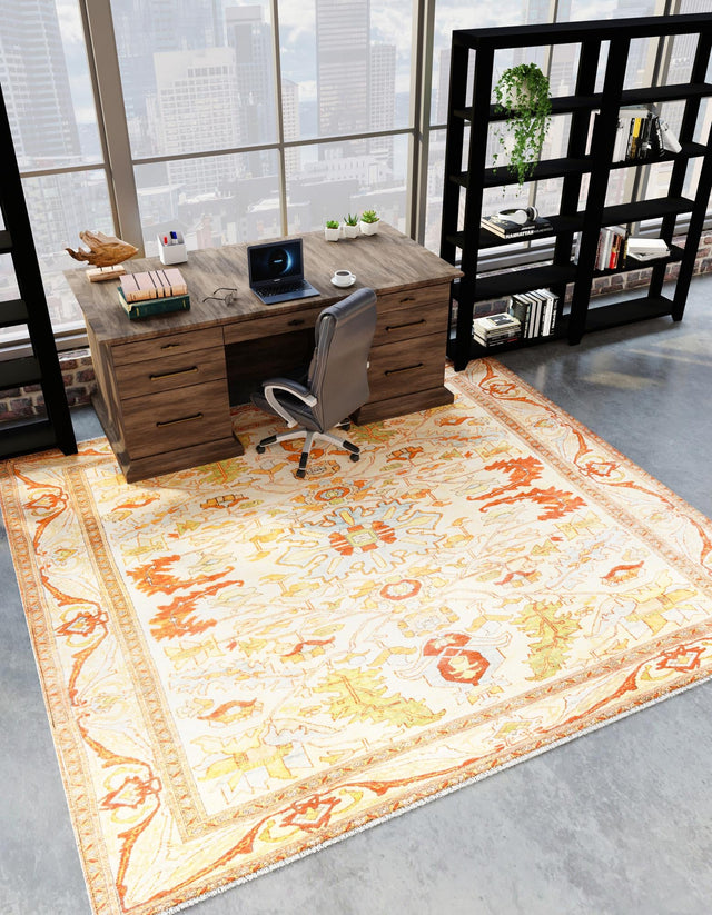 Beige 7' 9 x 7' 9 Boutique Square Area Rug Chenille Polyester Cotton Traditional Oriental Inspired Classical Carpet for Living Rooms Dining Office Space Interior Design for Sale at Rug Engine