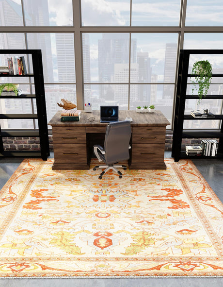 Beige 7' 9 x 7' 9 Boutique Square Area Rug Chenille Polyester Cotton Traditional Oriental Inspired Classical Carpet for Living Rooms Dining Office Space Interior Design for Sale at Rug Engine