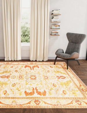 Beige 7' 9 x 7' 9 Boutique Square Area Rug Chenille Polyester Cotton Traditional Oriental Inspired Classical Carpet for Living Rooms Dining Office Space Interior Design for Sale at Rug Engine