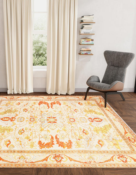 Beige 7' 9 x 7' 9 Boutique Square Area Rug Chenille Polyester Cotton Traditional Oriental Inspired Classical Carpet for Living Rooms Dining Office Space Interior Design for Sale at Rug Engine