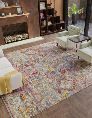 Multicolor 7' 9 x 7' 9 Boutique Square Area Rug Chenille Polyester Cotton Traditional Oriental Inspired Classical Carpet for Living Rooms Dining Office Space Interior Design for Sale at Rug Engine