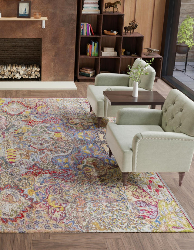 Multicolor 7' 9 x 7' 9 Boutique Square Area Rug Chenille Polyester Cotton Traditional Oriental Inspired Classical Carpet for Living Rooms Dining Office Space Interior Design for Sale at Rug Engine