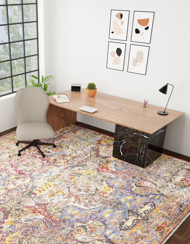 Multicolor 7' 9 x 7' 9 Boutique Square Area Rug Chenille Polyester Cotton Traditional Oriental Inspired Classical Carpet for Living Rooms Dining Office Space Interior Design for Sale at Rug Engine