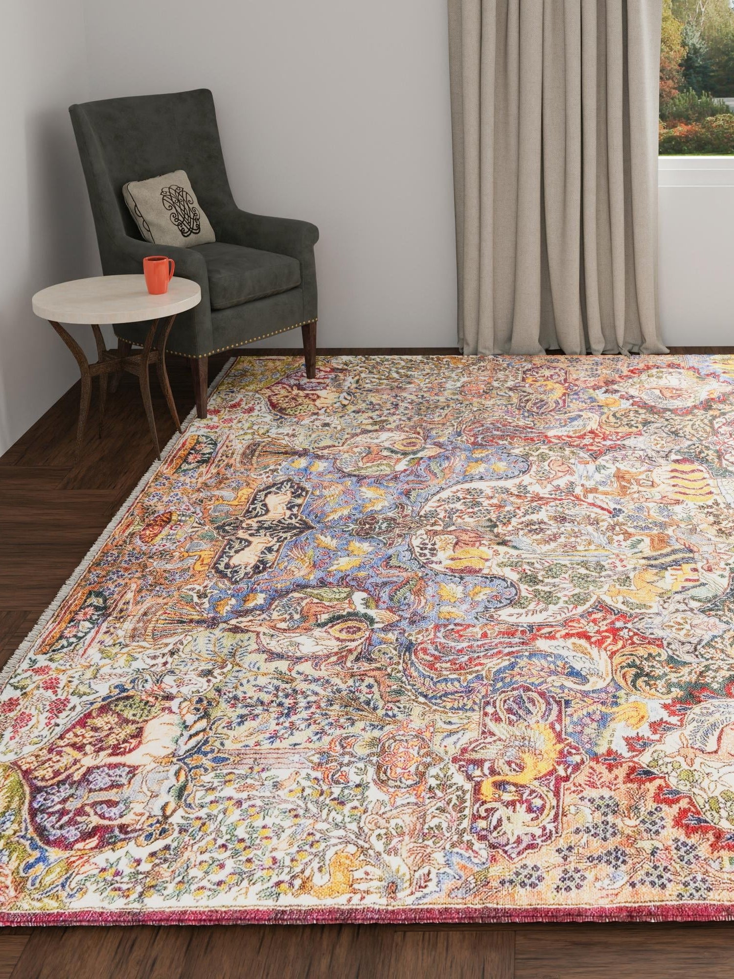 Multicolor 5' 1 x 5' 1 Boutique Square Area Rug Chenille Polyester Cotton Traditional Oriental Inspired Classical Carpet for Living Rooms Dining Office Space Interior Design for Sale at Rug Engine