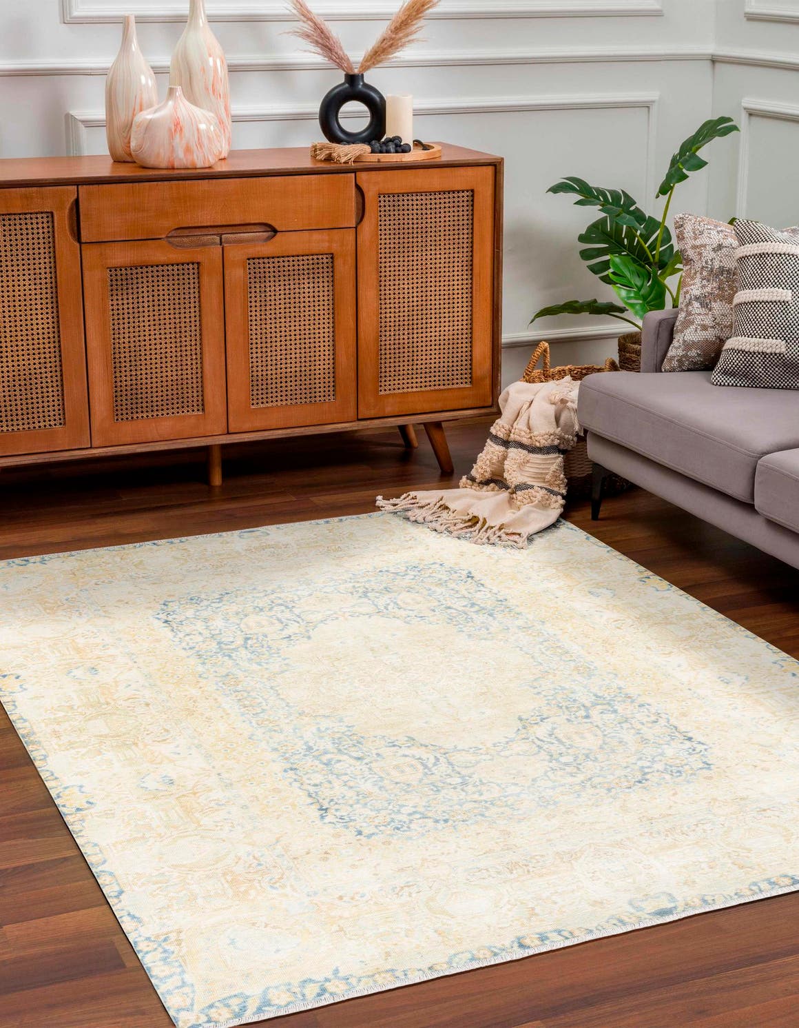 Blue and Ivory 6' 1 x 9' Boutique Rectangle Area Rug Chenille Polyester Cotton Traditional Oriental Inspired Classical Carpet for Living Rooms Dining Office Space Interior Design for Sale at Rug Engine