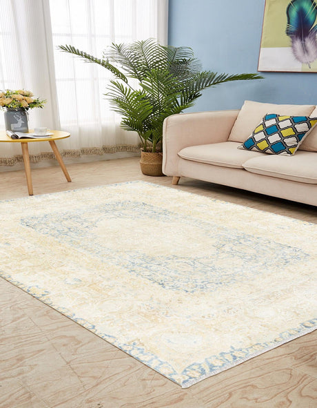 Blue and Ivory 7' 10 x 10' Boutique Rectangle Area Rug Chenille Polyester Cotton Traditional Oriental Inspired Classical Carpet for Living Rooms Dining Office Space Interior Design for Sale at Rug Engine