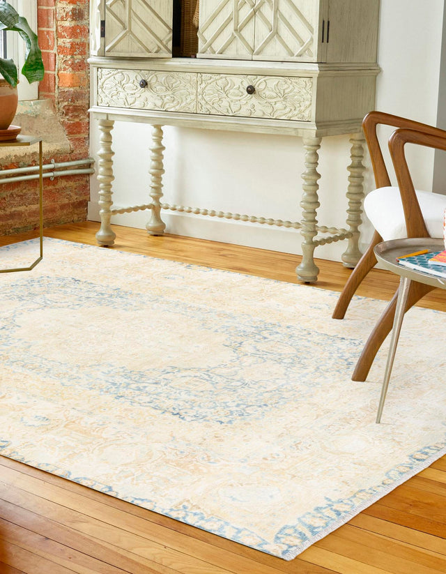 Blue and Ivory 3' 11 x 5' 11 Boutique Rectangle Area Rug Chenille Polyester Cotton Traditional Oriental Inspired Classical Carpet for Living Rooms Dining Office Space Interior Design for Sale at Rug Engine